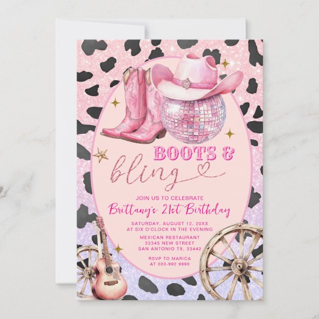 Pink Glittter Boots and Bling 20th Birthday  Invitation (Front)