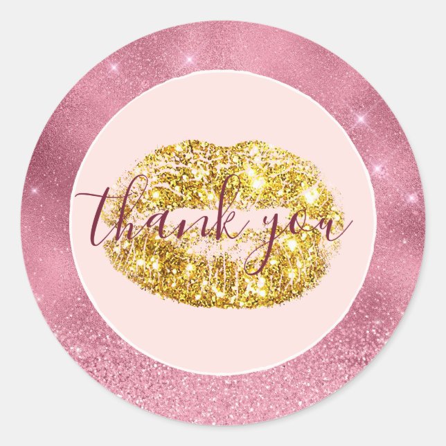 Pink Glitz Gold Lips Thank you Classic Round Sticker (Front)