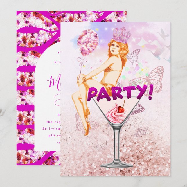 Pink Glitzy Glamourous Bridal Shower Party Invitation (Front/Back)