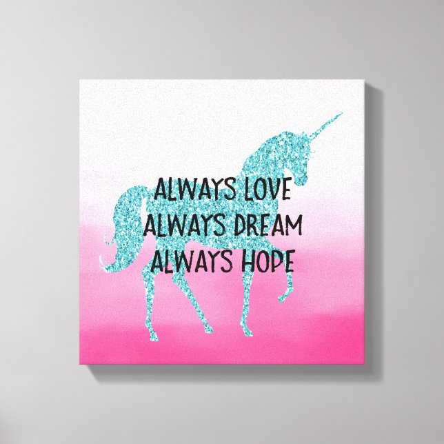 Pink Glitzy Glitter Aqua Unicorn Canvas Print (Front)