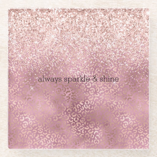 Pink Glitzy Glitter Leopard Print Glass Coaster (Front)