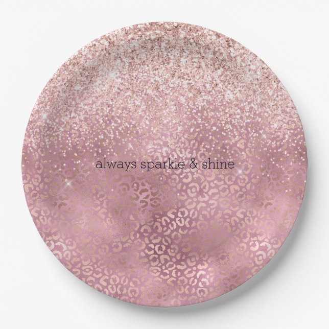 Pink Glitzy Glitter Leopard Print Paper Plate (Front)