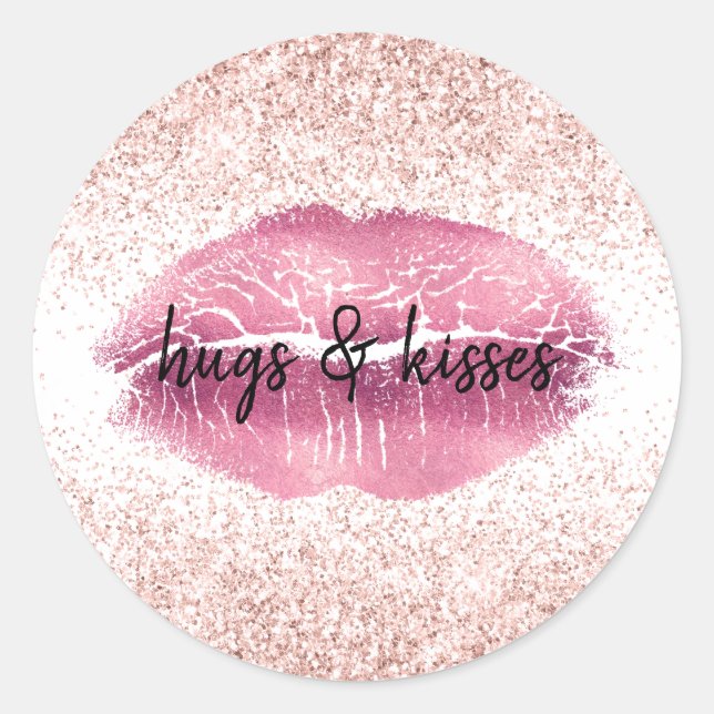 Pink Glitzy Glitter Lips Classic Round Sticker (Front)