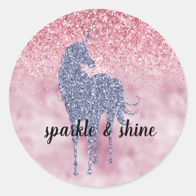 Pink Glitzy Glitter Purple Unicorn Classic Round Sticker (Front)