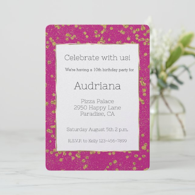 Pink Glitzy Gold Sparkle Confetti Dots Birthday Invitation (Standing Front)