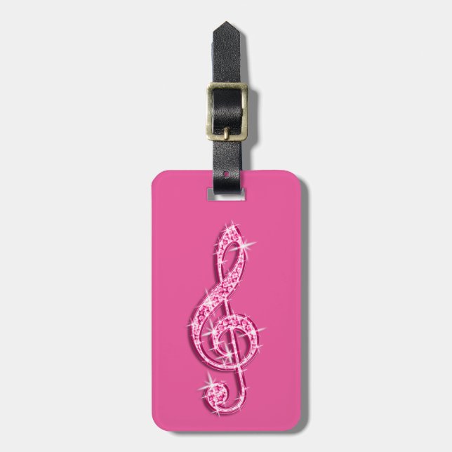 Pink Glitzy Sparkly Music Notes Luggage Tag (Front Vertical)