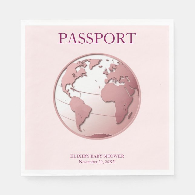 Pink Globe Passport Travel Baby Shower Napkin (Front)