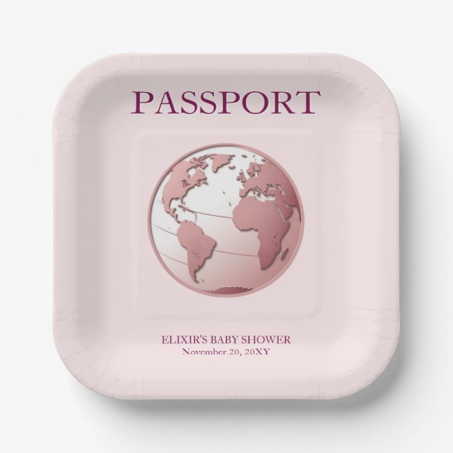 Pink Globe Passport Travel Baby Shower Paper Plate (Front)