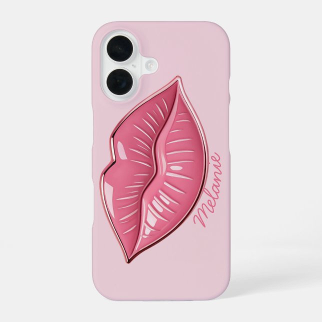 Pink glossy lips shaped  iPhone 16 case (Back)