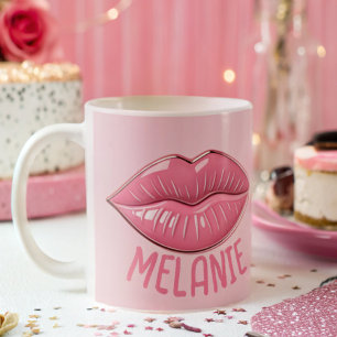 Pink glossy lips shaped personalized coffee mug