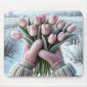Pink Gloves Holding a Tulip Bouquet Mouse Mat