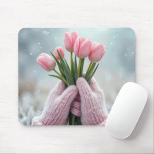 Pink Gloves Holding Tulip Bunch Mouse Mat