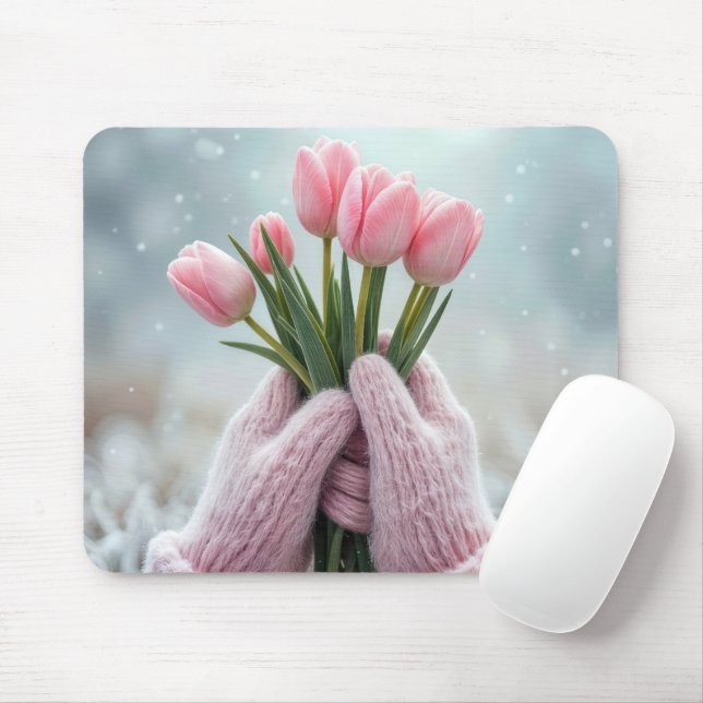 Pink Gloves Holding Tulip Bunch Mouse Mat (With Mouse)