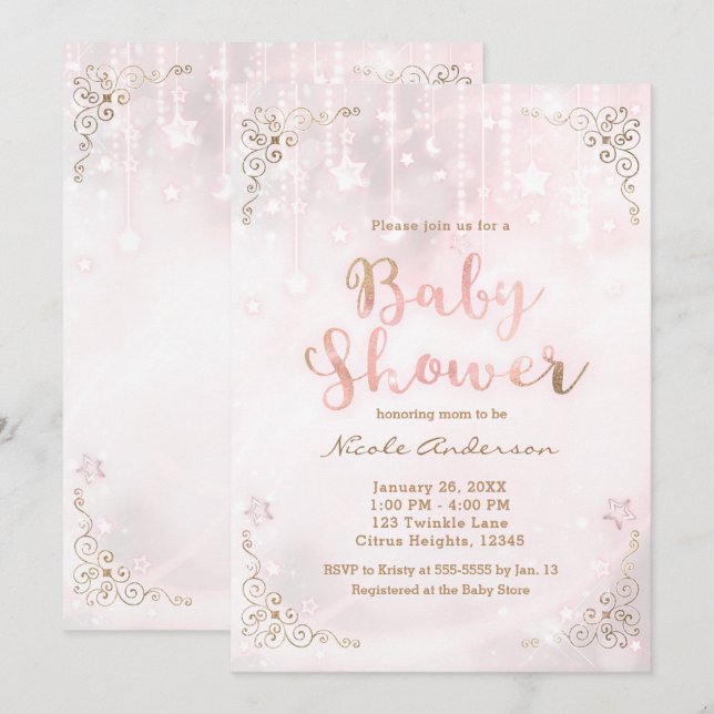Pink Glow & Gold Celestial Sparkle Baby Shower Invitation (Front/Back)