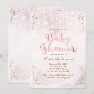Pink Glow & Gold Celestial Sparkle Baby Shower Invitation