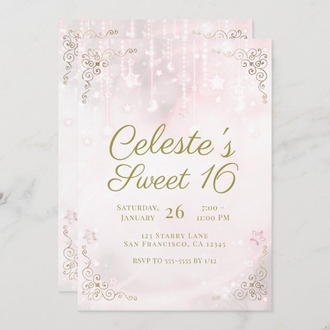 Pink Glow & Gold Celestial Sparkle Sweet 16 Party Invitation (Front/Back)
