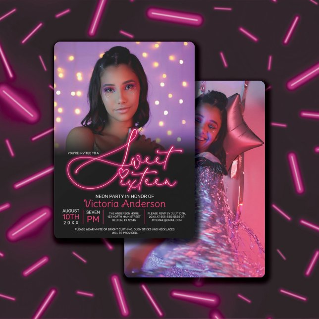 Pink Glow in the Dark Neon Party Photo Sweet 16 Invitation (Creator Uploaded)