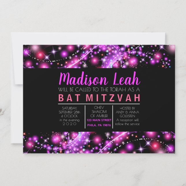 PINK GLOWING STARS Bat Mitzvah Invitation (Front)