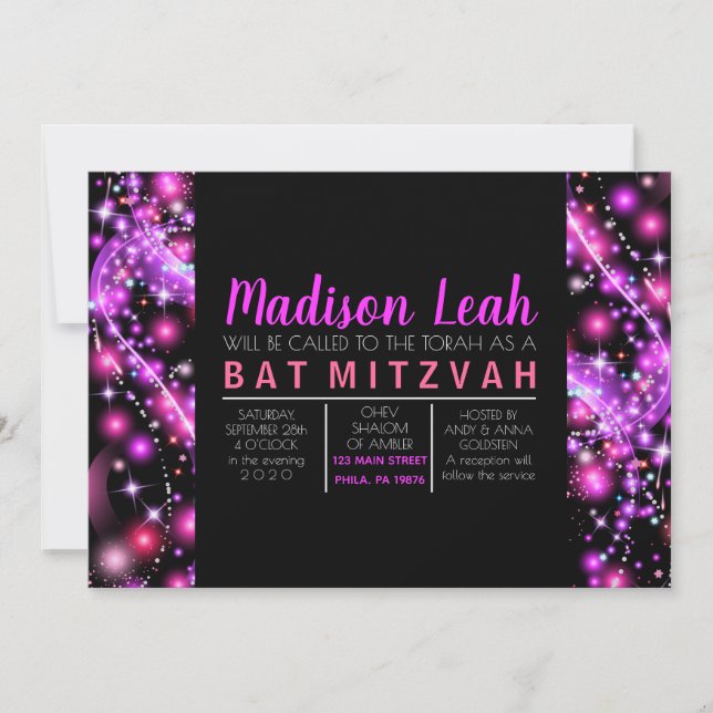 PINK GLOWING STARS Bat Mitzvah Invitation (Front)