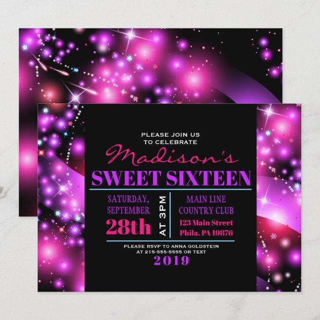 PINK GLOWING STARS Sweet Sixteen 16 Invitation (Front/Back)