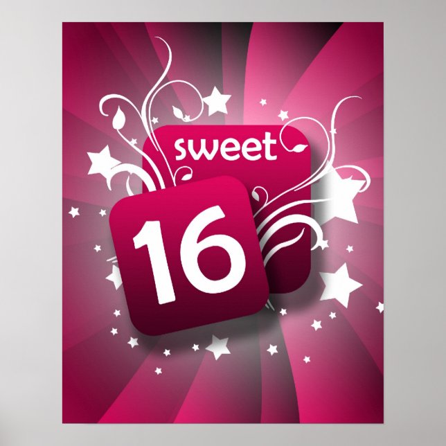 Pink Glowing Swirls and Stars Sweet 16 Poster (Front)
