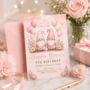Pink Gnome Birthday Party Celebration Invitation