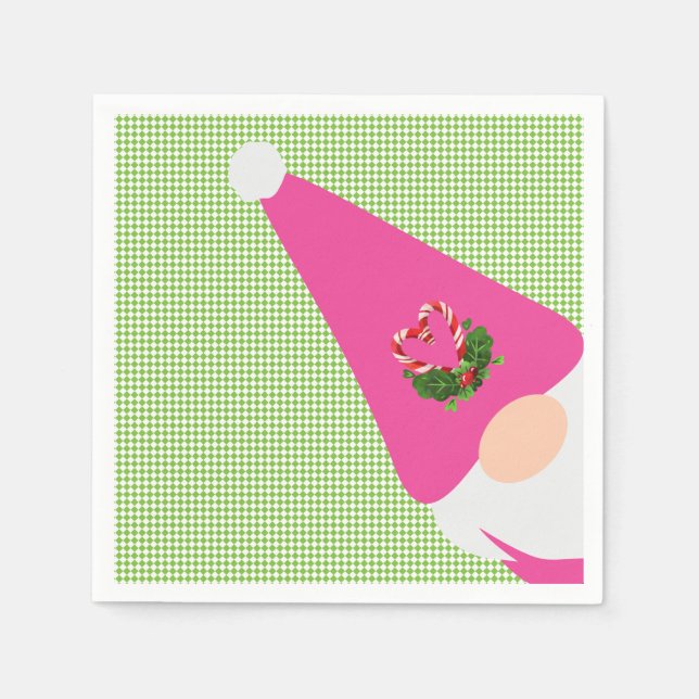 pink gnome christmas green chequered fun festive napkin (Front)