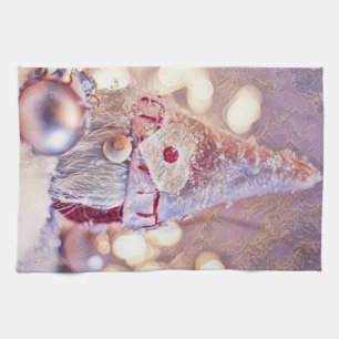 Pink Gnome in the snow watercolor painting Tea Towel