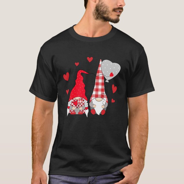 Pink Gnome Love Plaid Heart Balloons Valentine's D T-Shirt (Front)