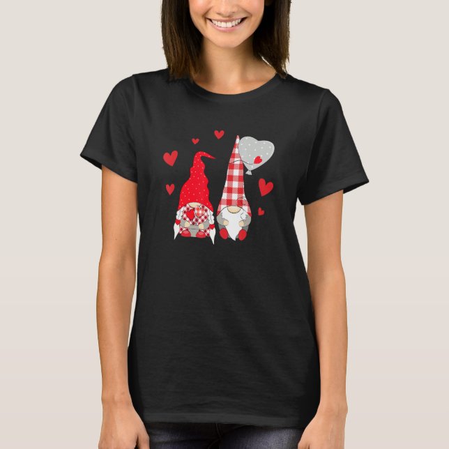 Pink Gnome Love Plaid Heart Balloons Valentine's D T-Shirt (Front)
