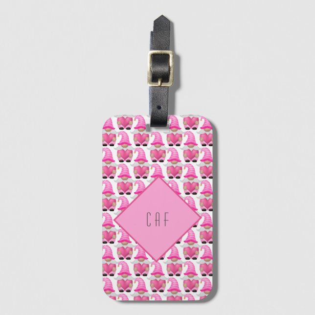 Pink Gnomes Hearts Monogram Woodland Cute Luggage Tag (Front Vertical)