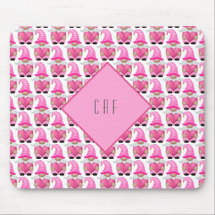 Pink Gnomes Hearts Monogram Woodland Cute Mouse Mat