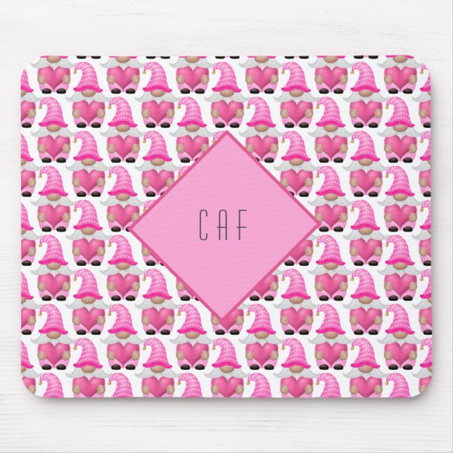 Pink Gnomes Hearts Monogram Woodland Cute Mouse Mat (Front)