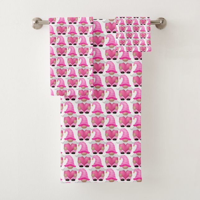 Pink Gnomes Hearts Woodland Scandinavian Cute Bath Bath Towel Set (Insitu)