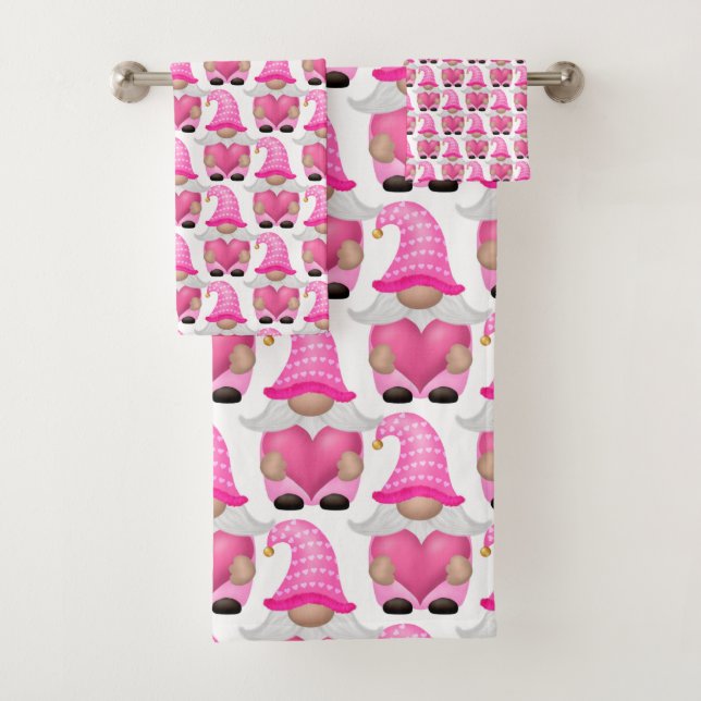 Pink Gnomes Hearts Woodland Scandinavian Cute Bath Towel Set (Insitu)