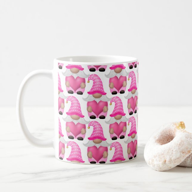 Pink Gnomes Hearts Woodland Scandinavian Cute  Coffee Mug (With Donut)