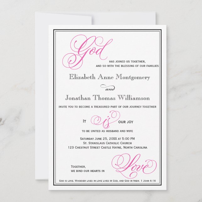 Pink God is Love Christian Wedding Invitation (Front)