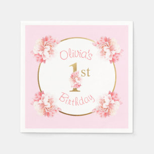 Pink & Gold 1st Birthday Girl Floral Party Napkin
