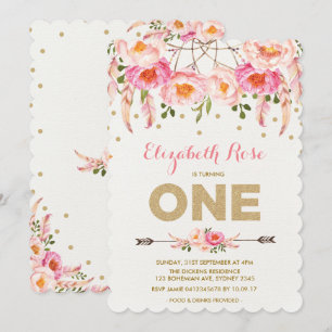 Pink Gold 1st Birthday Invite Floral Dreamcatcher