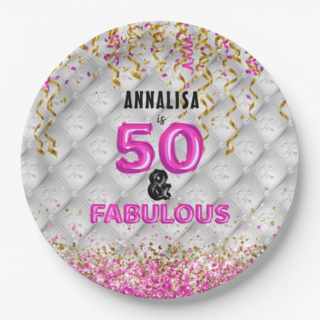 Pink Gold 50 Fabulous 50th Birthday Paper Plate (Front)