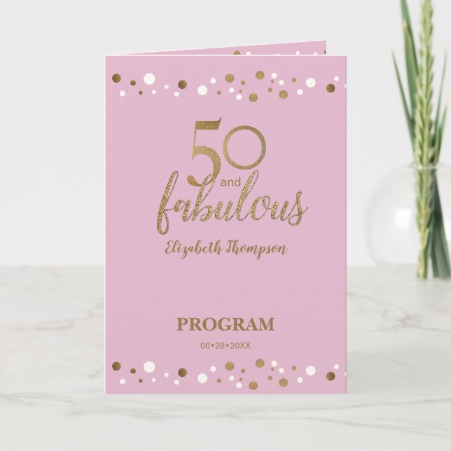 Pink Gold 50 & fabulous fiftieth Birthday Program Programme (Front)