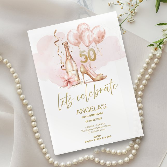 Pink & Gold 50th Birthday, Champagne & Heels Invitation (Creator Uploaded)