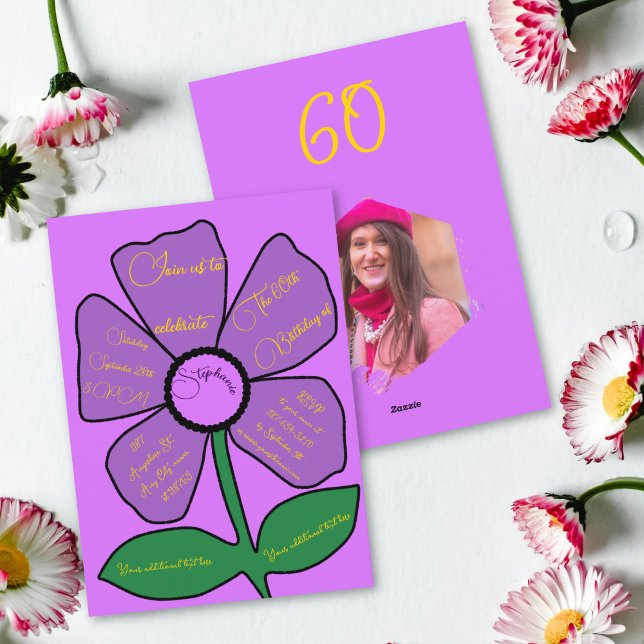 Pink & Gold 60th Birthday Simple Doodle Flower  Invitation (Creator Uploaded)