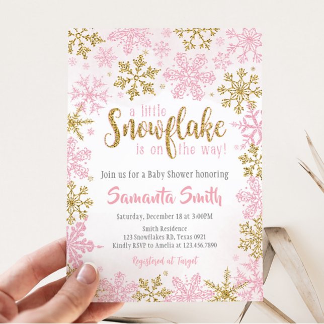 Pink Gold A Little Snowflakes is on the way Invitation (A Little Snowflake Baby Shower Invitation)