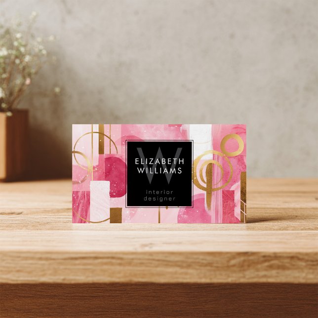 Pink Gold Abstract Monogram Modern Business Cards (Creator Uploaded)