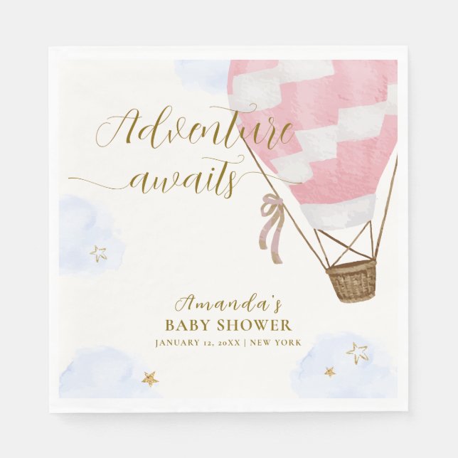Pink Gold Adventure Hot Air Balloon Baby Shower  Napkin (Front)