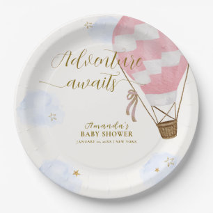 Pink Gold Adventure Hot Air Balloon Baby Shower  Paper Plate