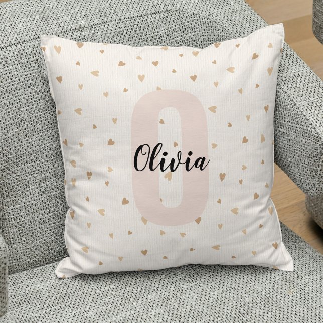 Pink Gold Aesthetic Monagram Name with Hearts Cushion (Creator Uploaded)