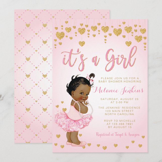 Pink Gold African American Baby Shower Invitation (Front/Back)