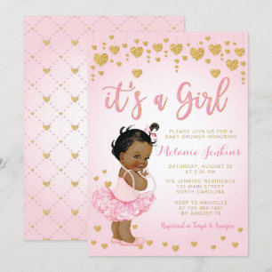 Pink Gold African American Baby Shower Invitation